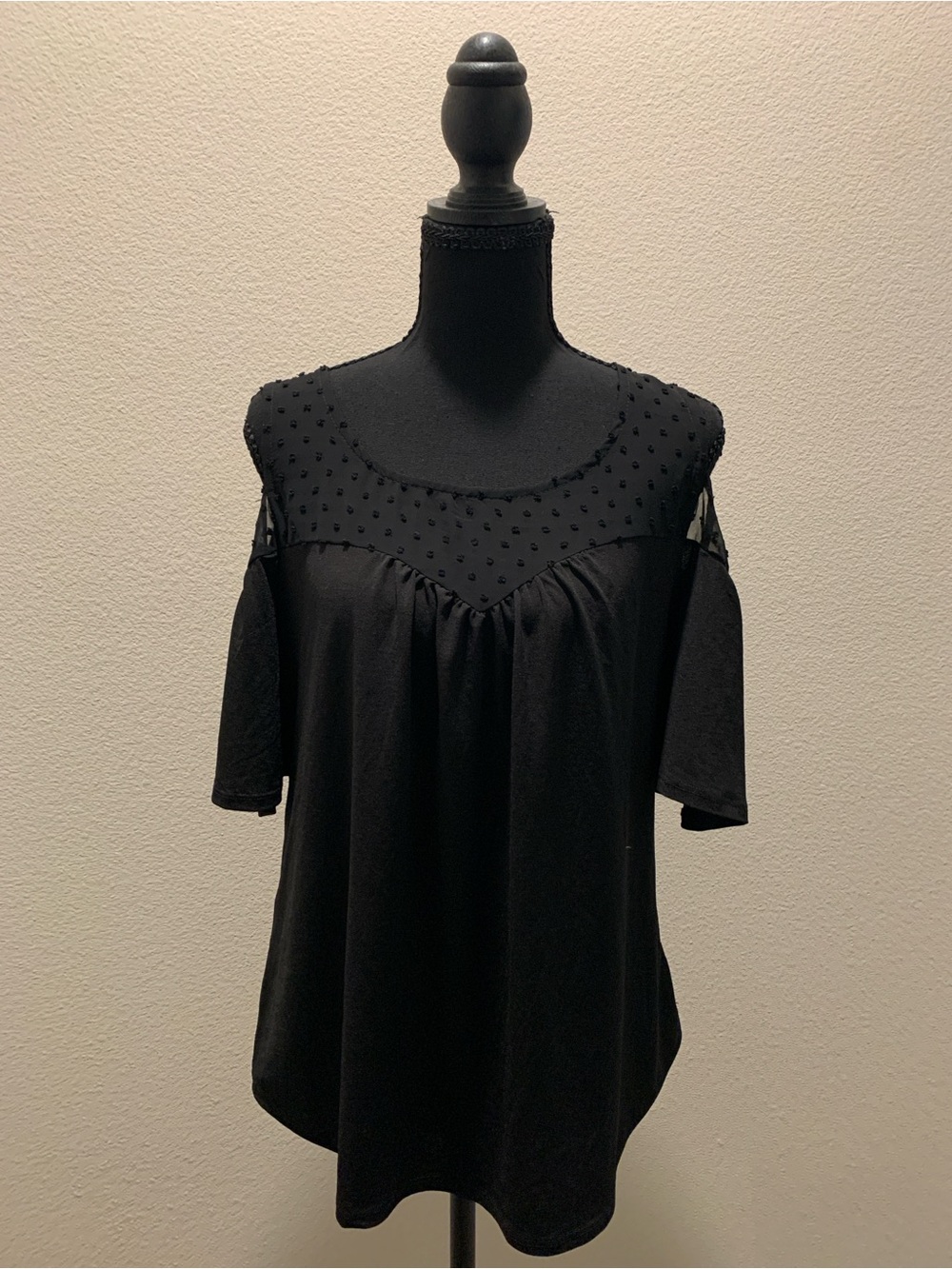AUW Black Cold-Shoulder Dot Mesh Top (Size S)